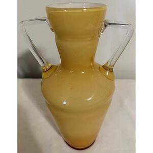 Vintage MCM Yellow Blown Glass‎ Cased white Urn Applied Clear Double  Handle